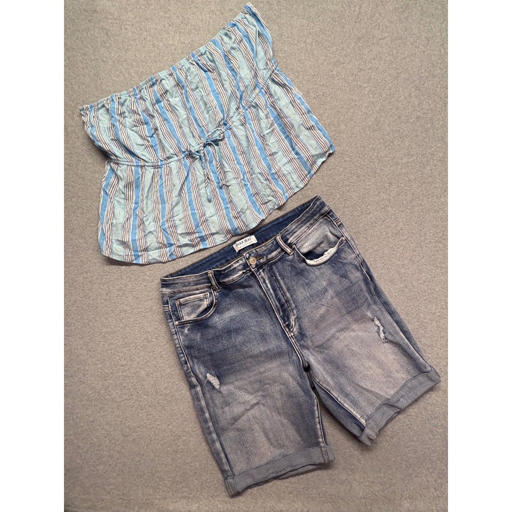 No‎ Boundaries Striped Tube Top XXL & Wax Jean Distressed Denim Shorts 3X Set